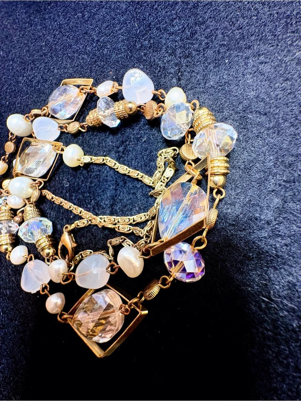 Vintage Elegant Gold-Tone Beaded Long Necklace with Clear and Cream Accents